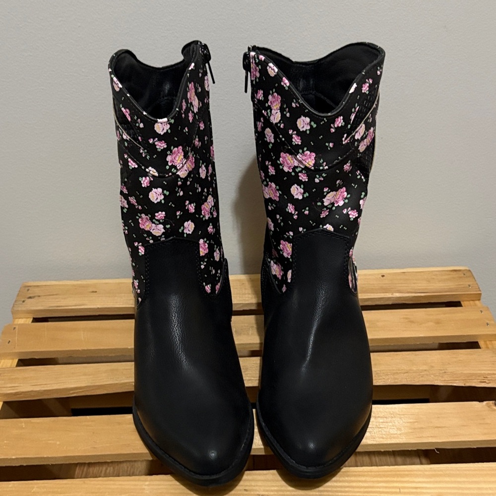 Pierre Dumas Black and Pink Floral Heeled Boots